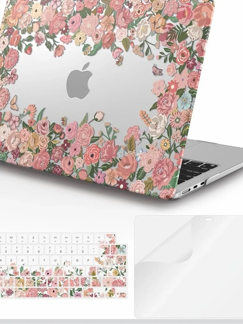 Floral MacBook Air Case & Matching Keyboard Skin - Pink Rose & Screen Protector